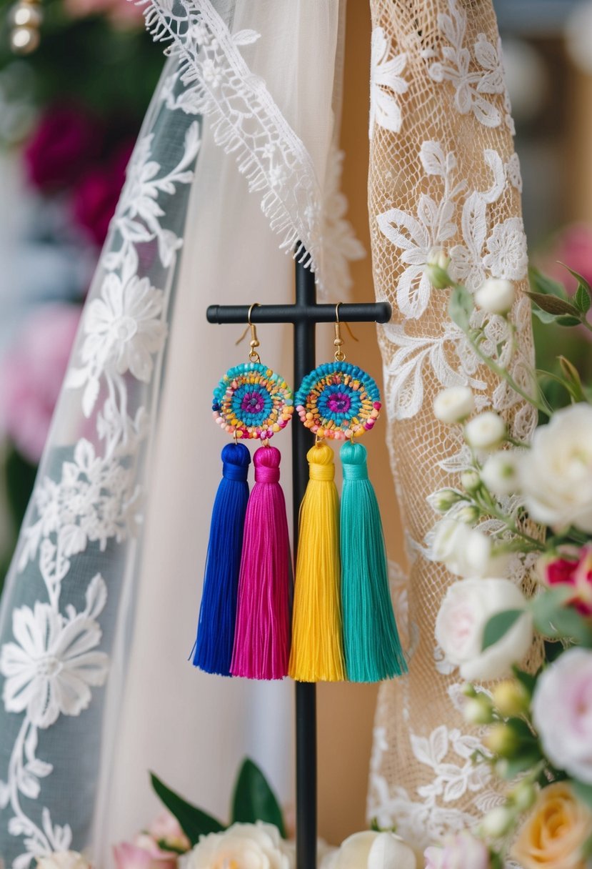 A pair of colorful tassel earrings hanging from a display, surrounded by delicate lace and floral fabric, adding a whimsical touch to a bridal hijab ensemble