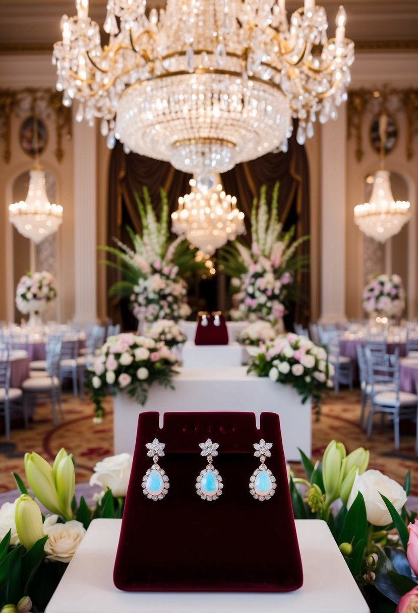 A lavish ballroom adorned with opulent chandeliers and ornate floral arrangements, showcasing opal-encrusted earrings on a velvet display