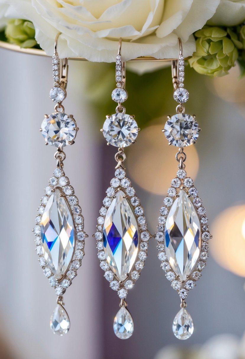 Sparkling marquise crystals dangle from ornate wedding earrings, catching the light in a luxurious setting