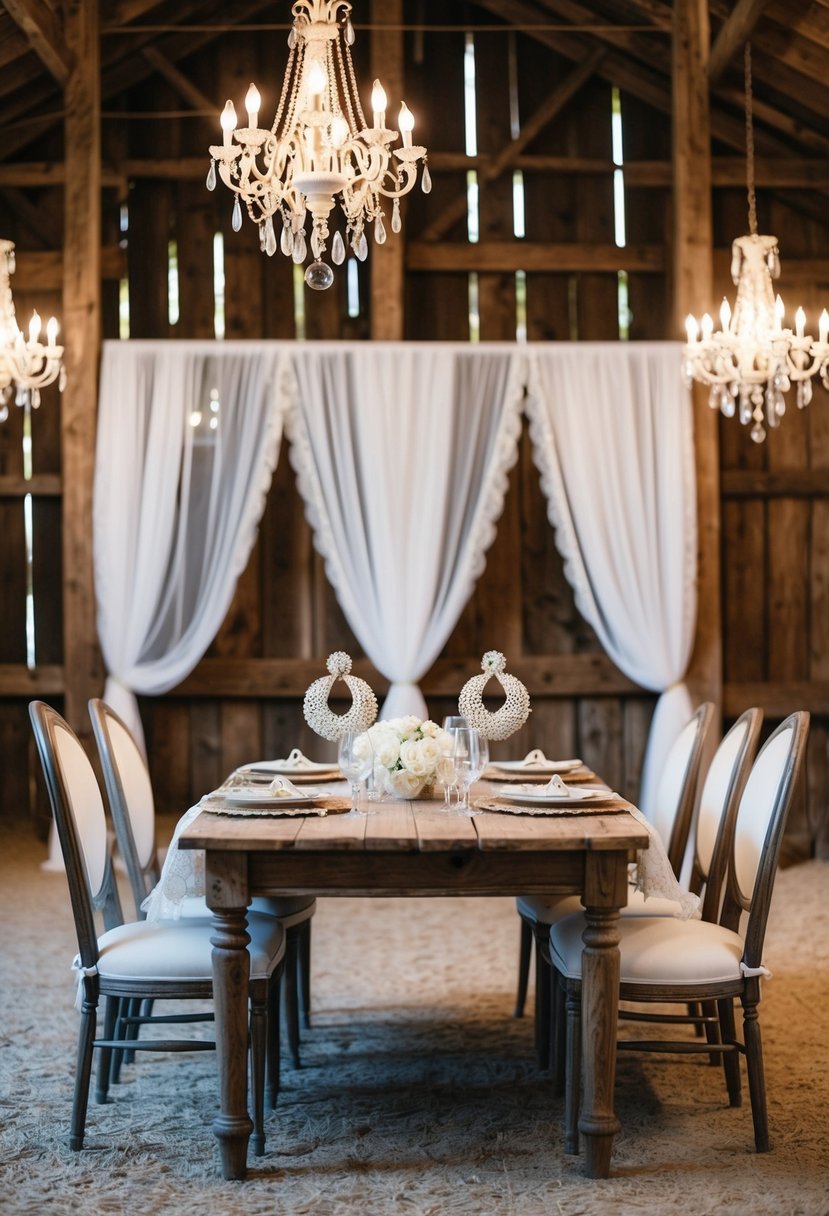 A rustic barn adorned with delicate lace curtains, antique chandeliers, and a vintage wooden table set with sparkling, oversized wedding earrings