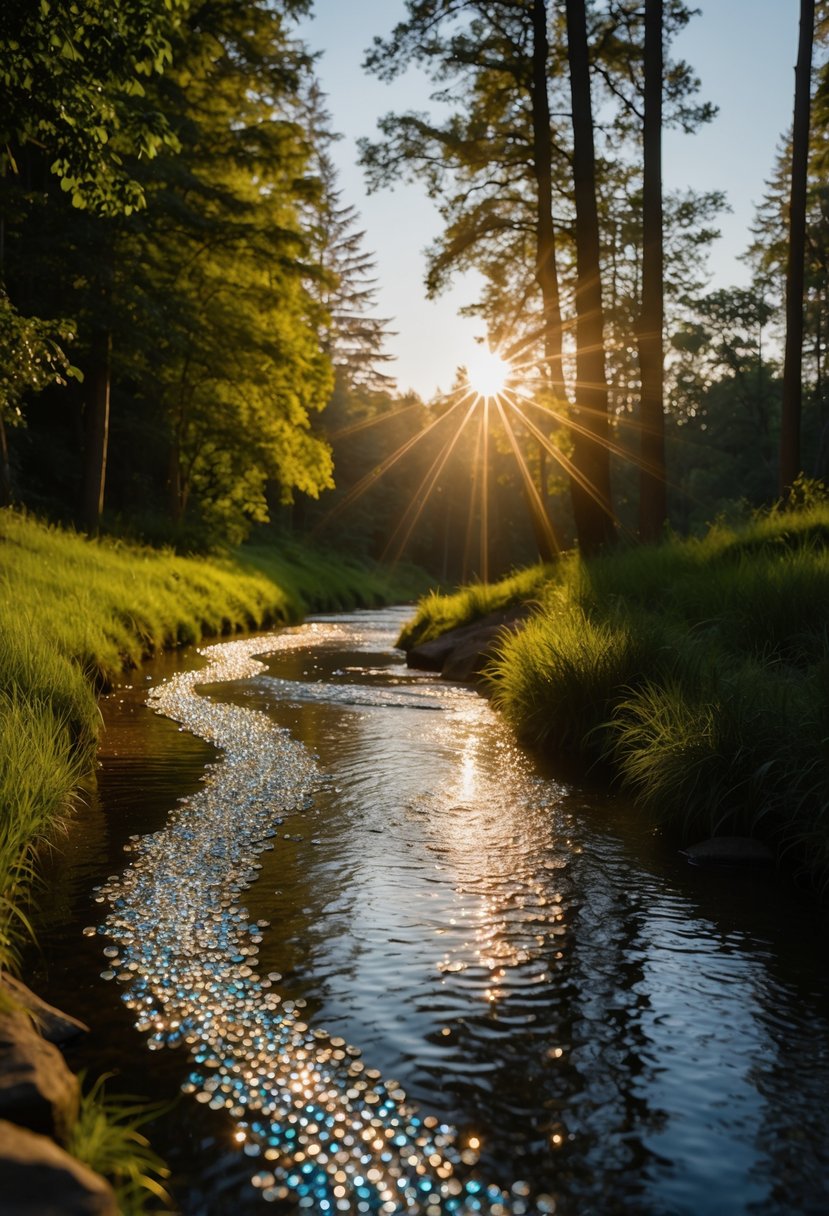 A sparkling stream winds through a lush forest, reflecting the shimmering light of the setting sun, with rhinestones scattered along the banks