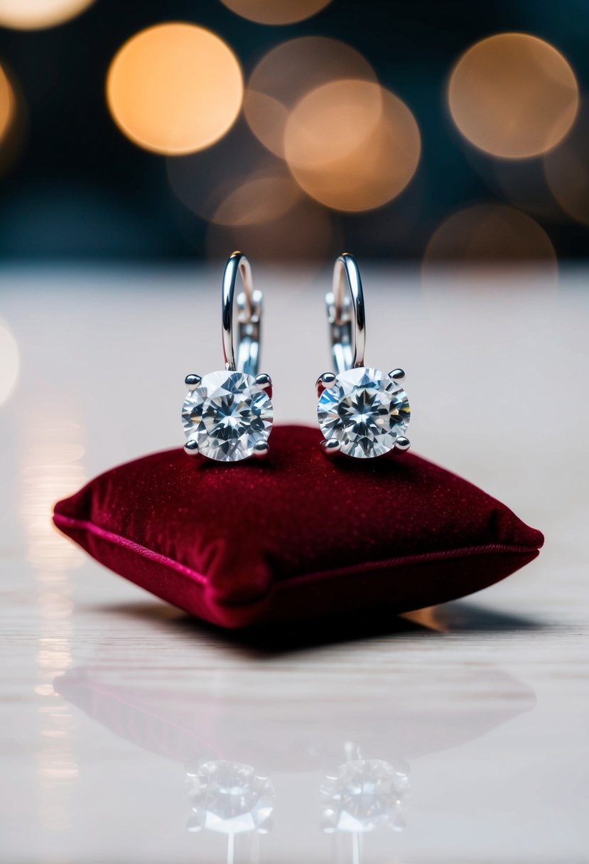 A pair of diamond wedding earrings dropped on a velvet cushion