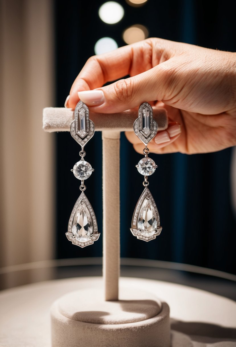 A woman's hand holds Art Deco diamond drop earrings on a velvet display, with soft lighting highlighting the intricate details