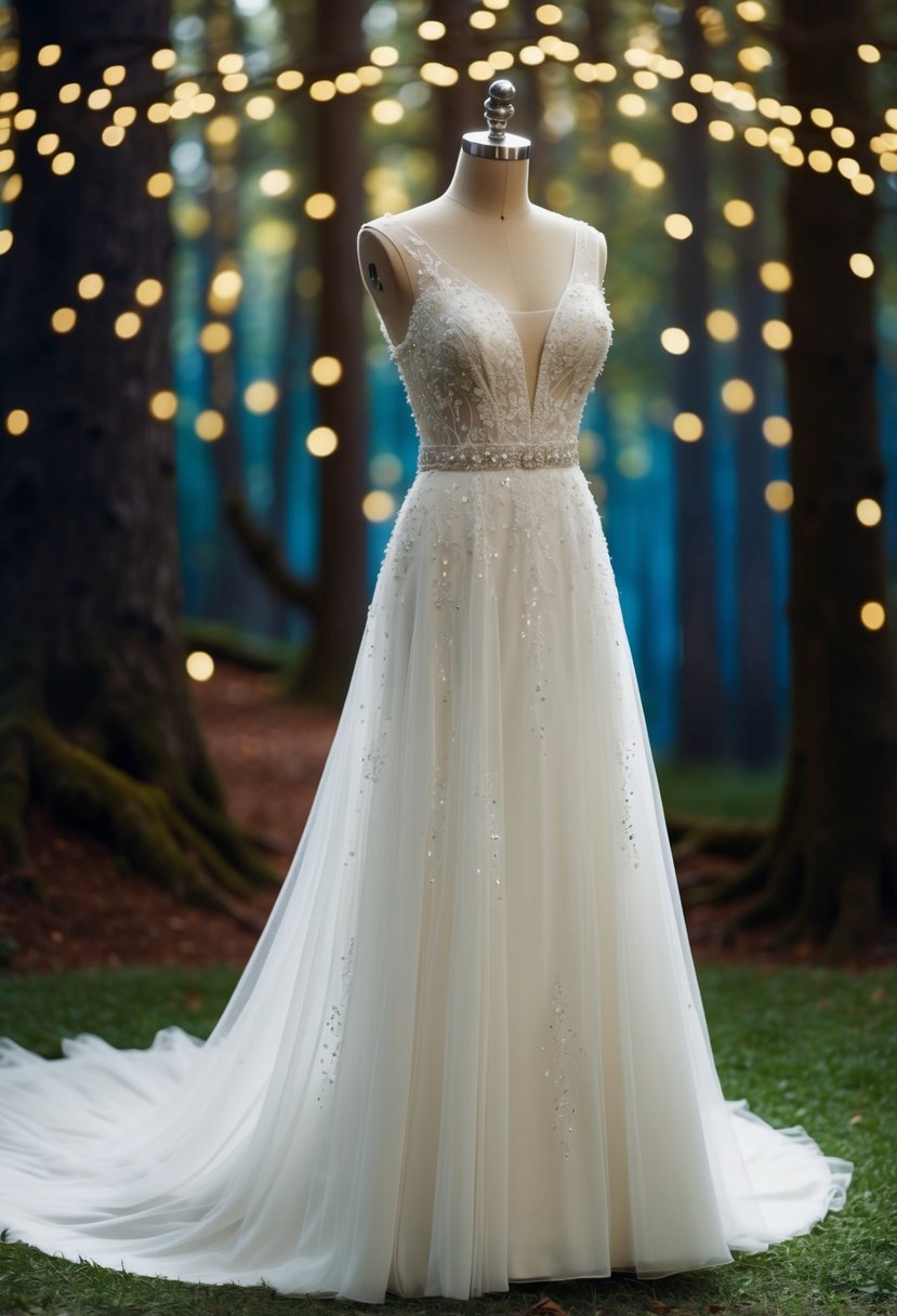 A flowing, ethereal wedding dress adorned with delicate lace and sparkling crystals, set against a backdrop of a magical forest with twinkling fairy lights