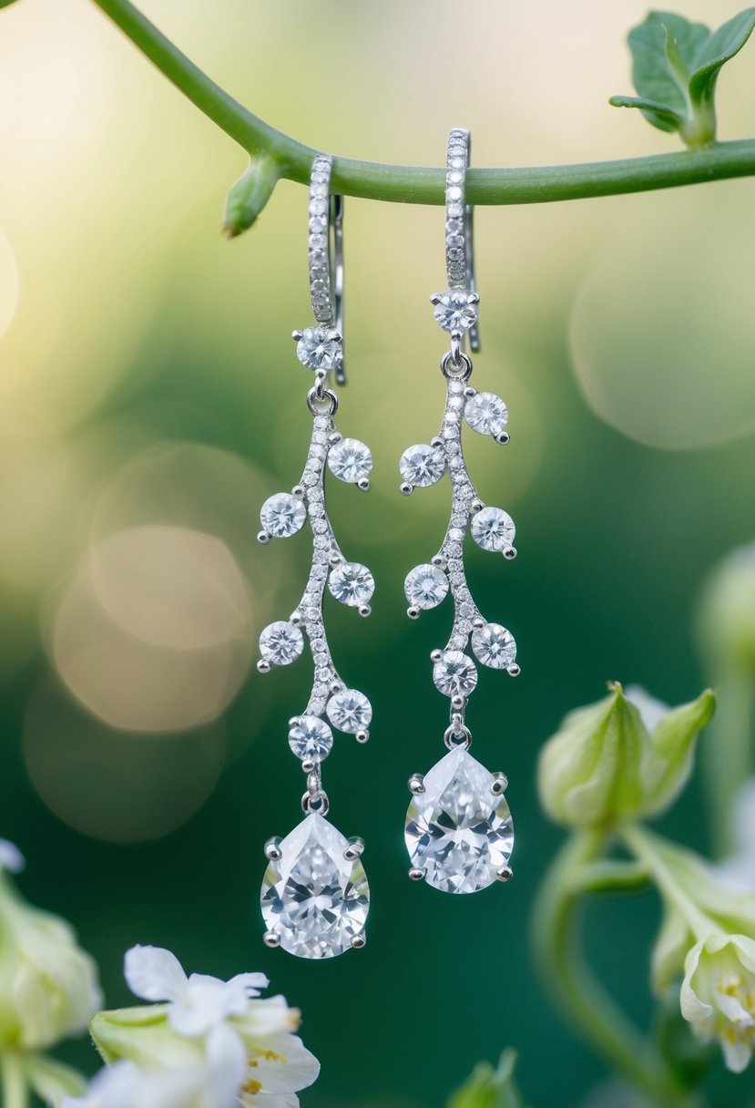 A delicate floral vine intertwines with sparkling diamond dangles, creating elegant wedding earrings