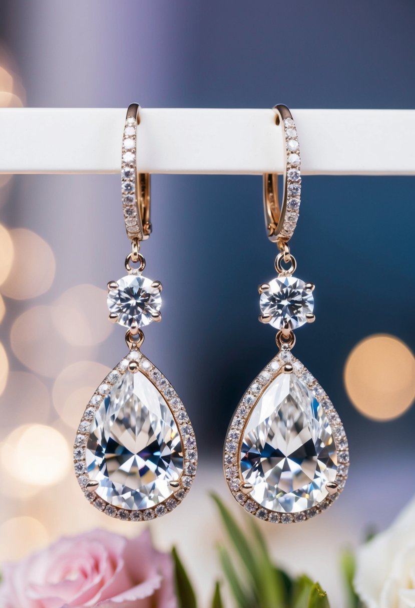 Two tear-shaped diamond earrings suspended from elegant drop settings, sparkling in the soft light of a wedding reception