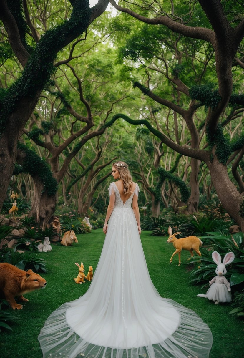 A bride in a flowing, ethereal gown stands beneath a canopy of lush, vibrant trees in an enchanted forest, surrounded by magical woodland creatures