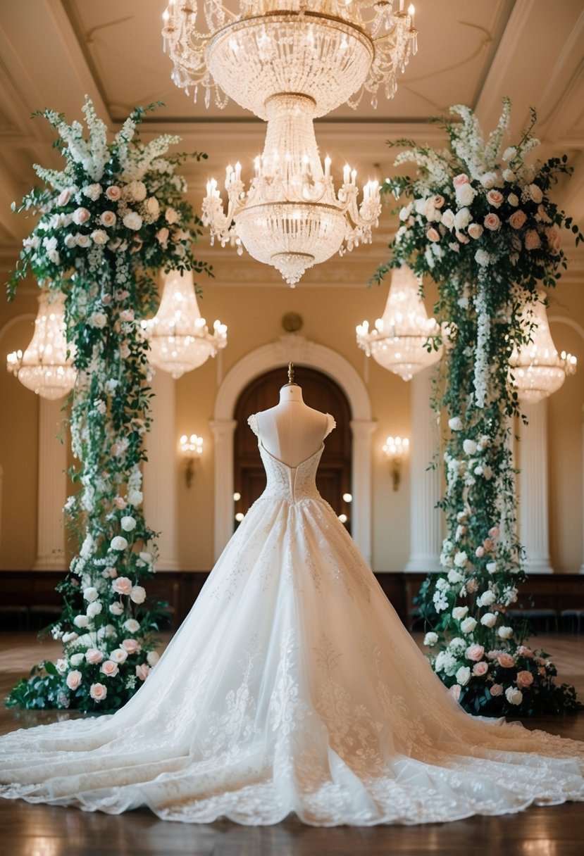 A grand ballroom with ornate chandeliers and cascading floral arrangements, showcasing a stunning vintage fairytale wedding dress on a mannequin