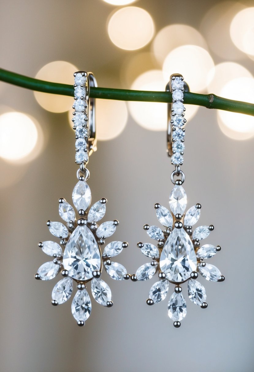 A pair of chandelier-style diamond earrings hang elegantly, catching the light with their sparkling brilliance