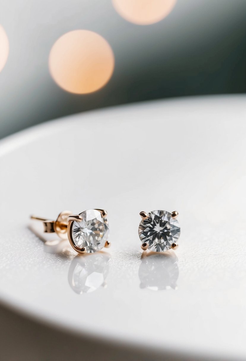 Two diamond earrings on a white surface, with a minimalist and elegant design