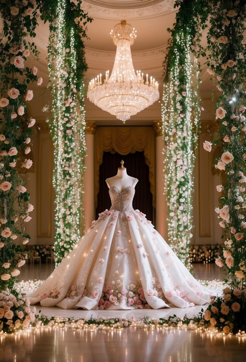 A grand ballroom filled with cascading floral vines, blooming roses, and sparkling fairy lights, with a majestic gown adorned with delicate petals and shimmering crystals at the center