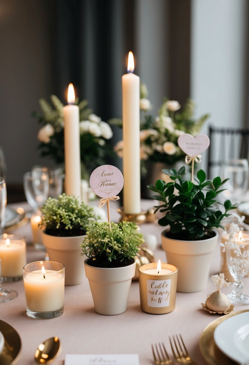 A table adorned with elegant wedding favor ideas, including small potted plants, personalized candles, and delicate handmade trinkets