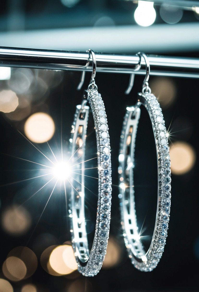 Sparkling diamond hoop earrings hang from a dramatic display, catching the light and casting shimmering reflections