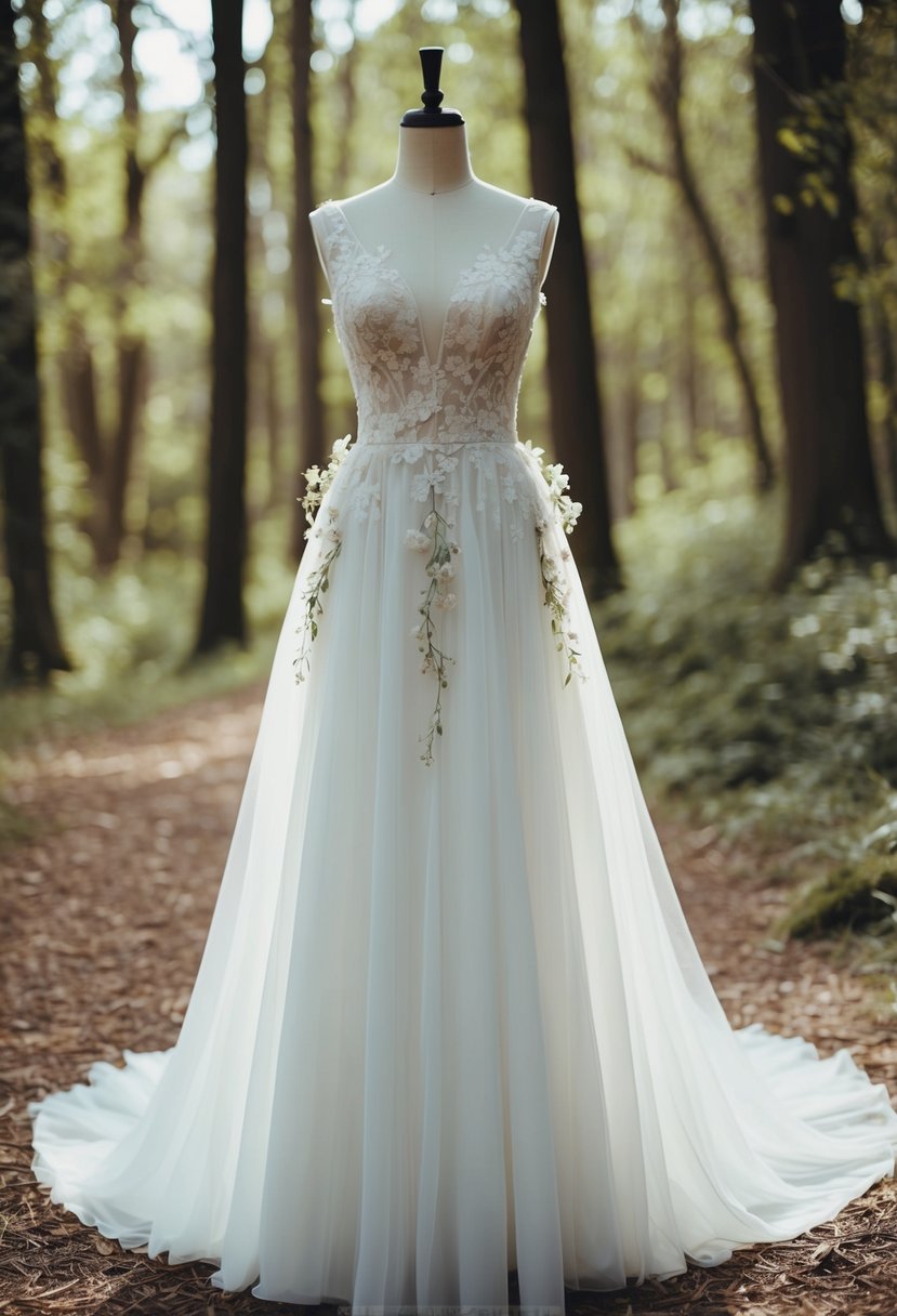 A flowing, ethereal wedding dress adorned with delicate floral accents, set against a backdrop of enchanting woodland scenery