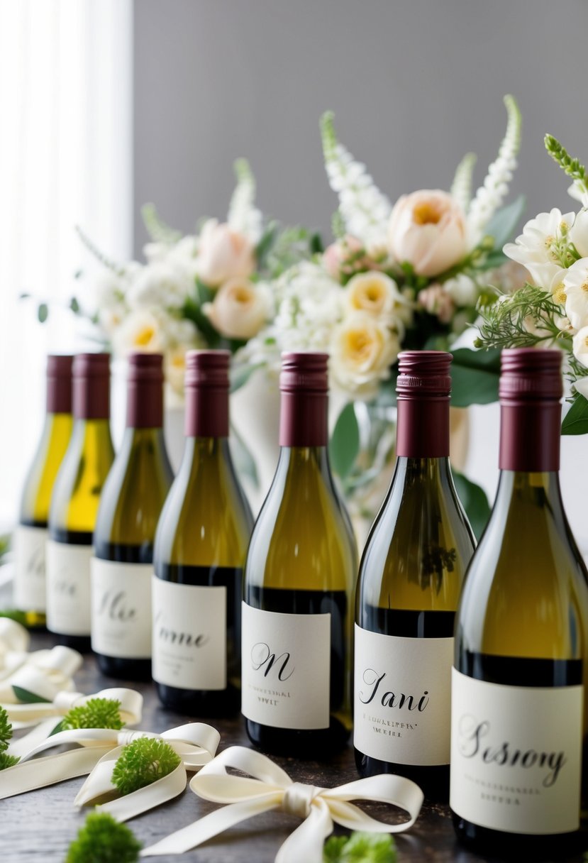 Mini wine bottles lined up with personalized labels, surrounded by delicate floral arrangements and elegant ribbon bows