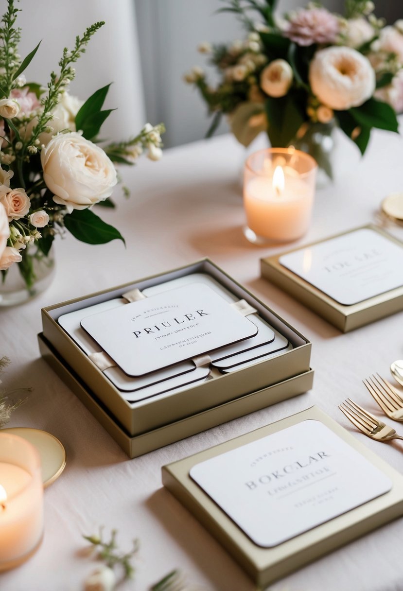 A table adorned with personalized coaster sets in elegant packaging, surrounded by delicate floral arrangements and soft candlelight