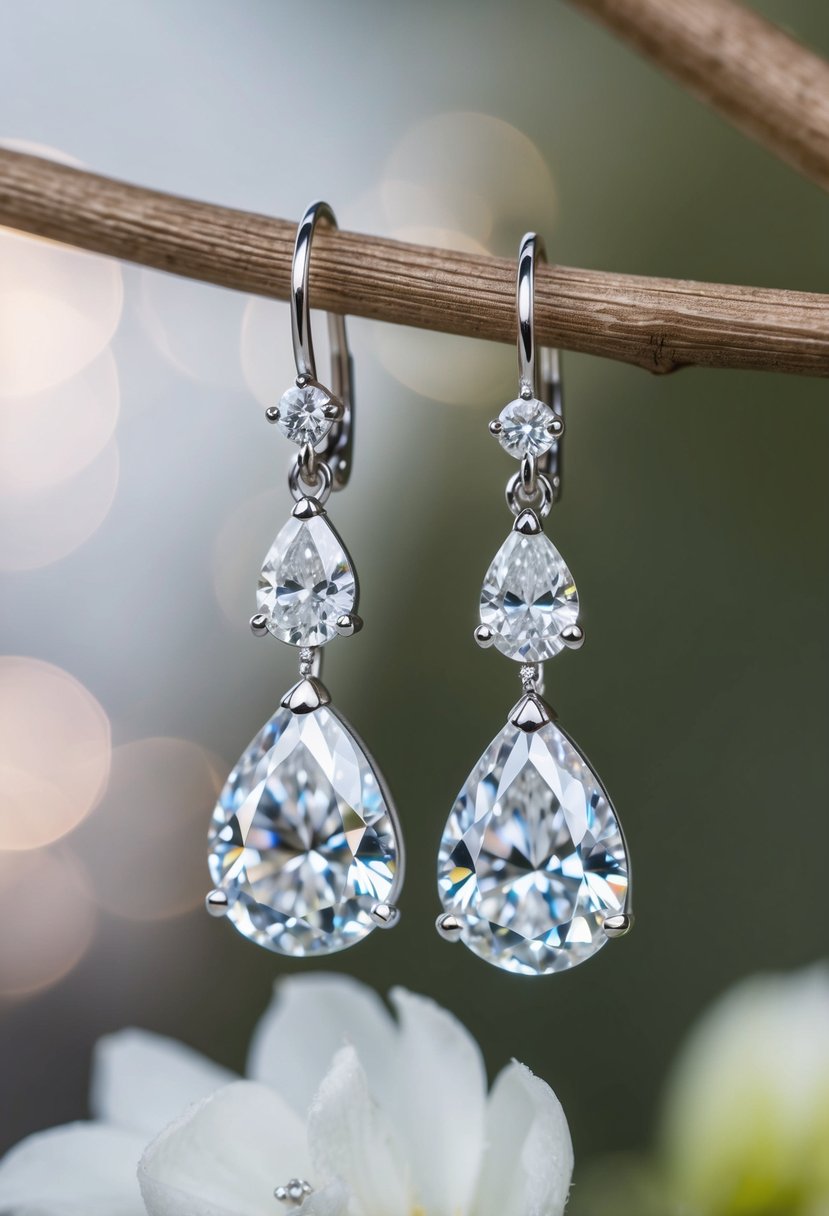 Two pear-cut diamond teardrops dangle from delicate wedding earrings, catching the light and shimmering with elegance