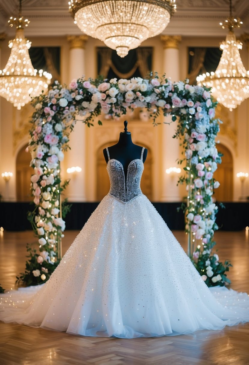 A grand ballroom with a sparkling crystal-covered ball gown on a mannequin, surrounded by enchanting floral decorations and twinkling fairy lights