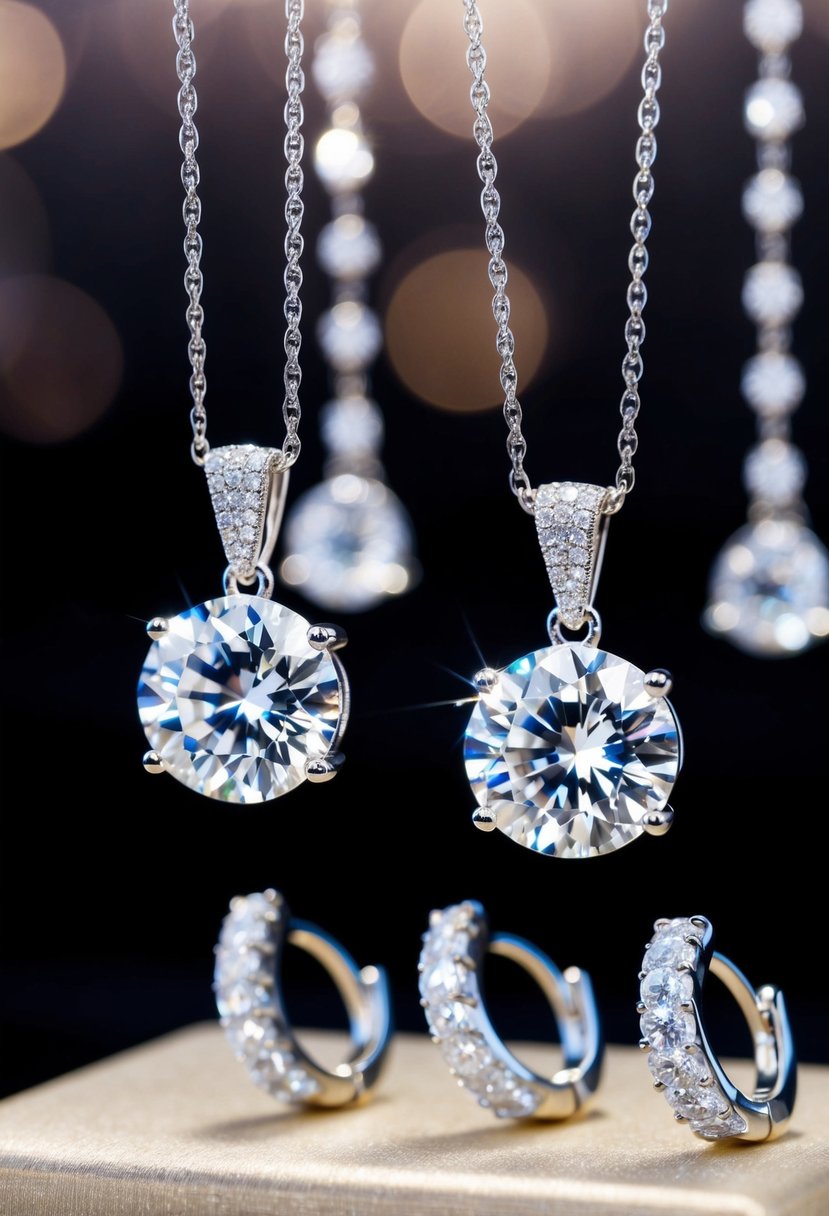 Two sparkling diamond pendants suspended from above, casting a shimmering glow on a display of delicate diamond wedding earrings