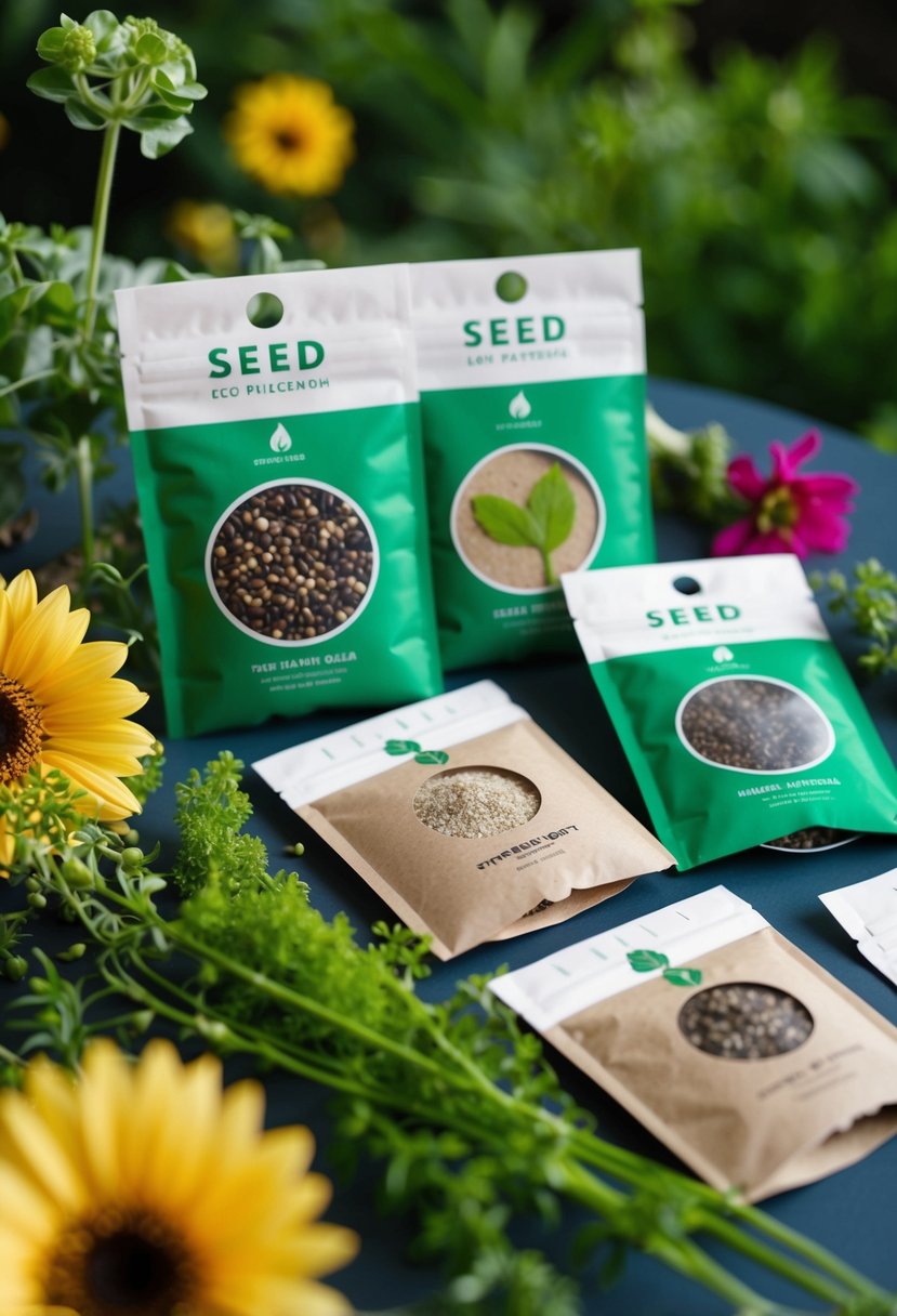 A table with seed packets in eco-friendly packaging, surrounded by greenery and flowers