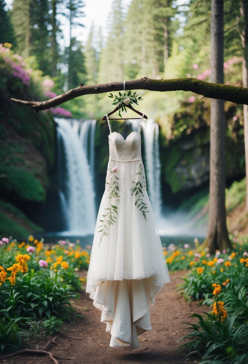 A forest clearing with a cascading waterfall, surrounded by vibrant flowers and towering trees. A delicate, ethereal wedding dress hangs from a tree branch, adorned with intricate leaf and flower details