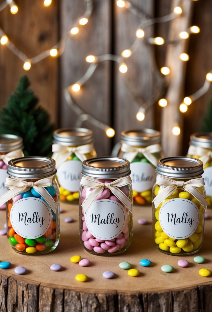 A table filled with personalized mason jars, each adorned with delicate ribbons and filled with colorful candies, set against a backdrop of rustic wooden decor and twinkling fairy lights