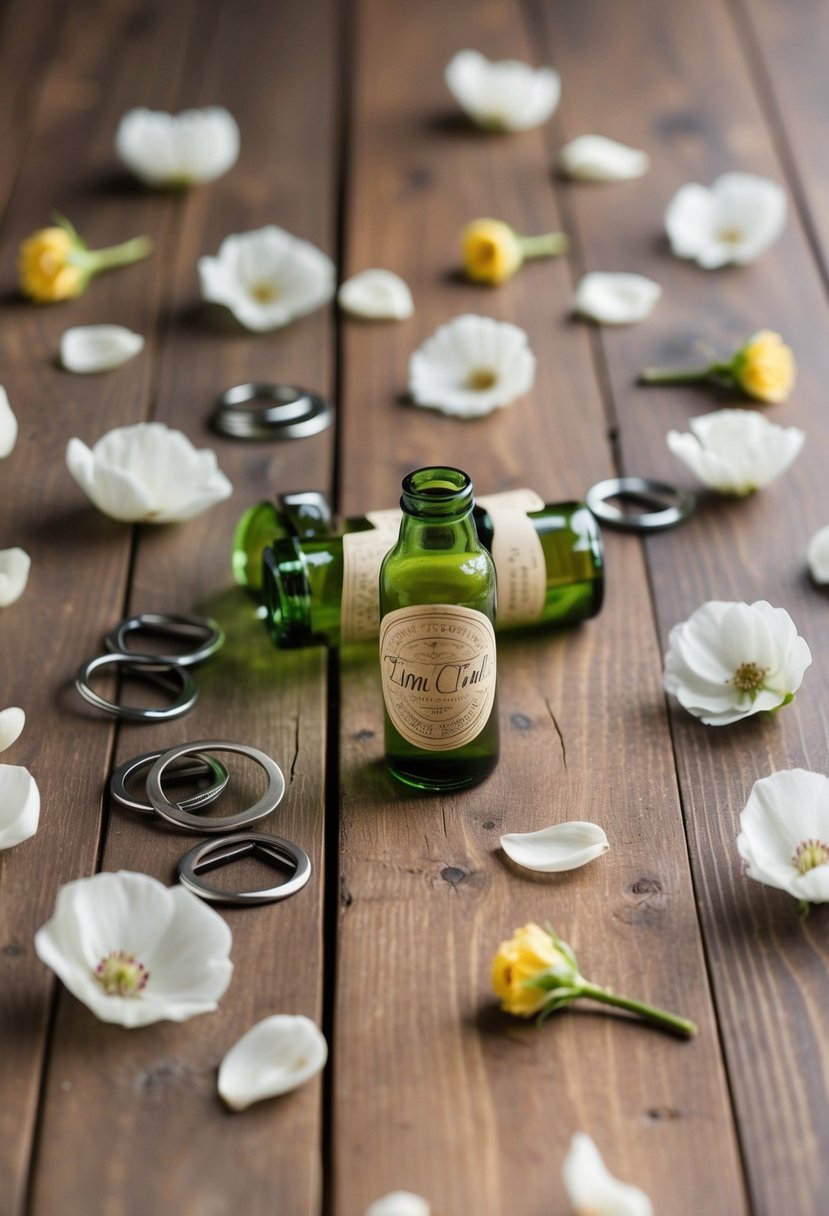 A rustic wooden table with personalized engraved bottle openers scattered among delicate flower petals and elegant wedding favors