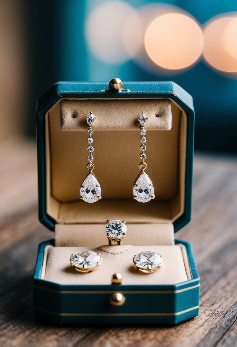 A vintage-inspired jewelry box with elegant drop diamond earrings inside