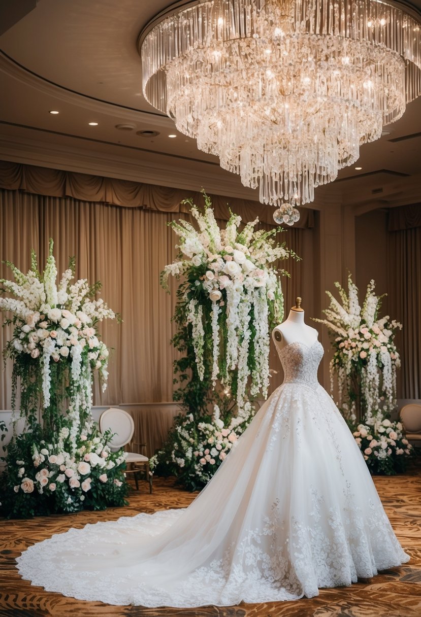 A grand ballroom with a sparkling crystal chandelier, cascading floral arrangements, and a magnificent fairytale wedding dress displayed on a mannequin