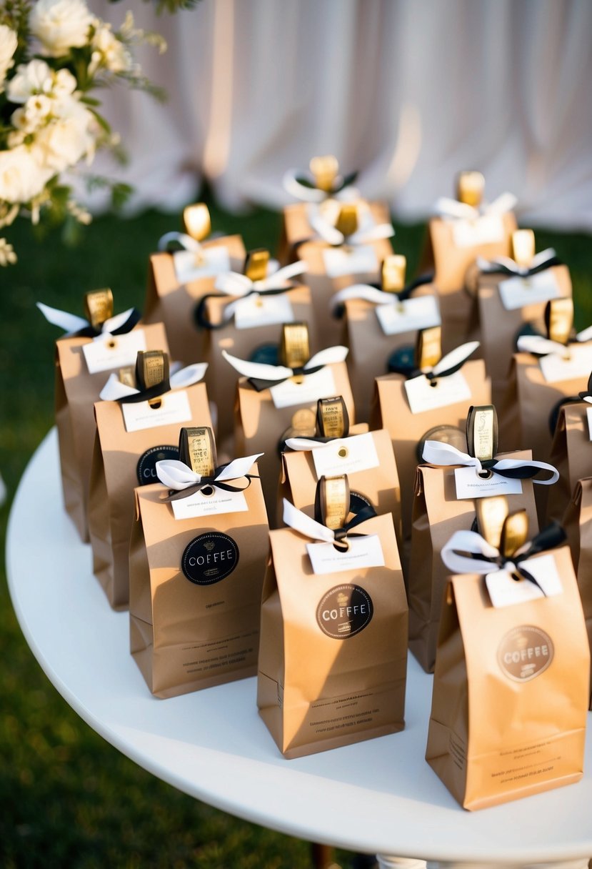 A table adorned with elegant coffee bags, tied with ribbons and tags, arranged as wedding favors