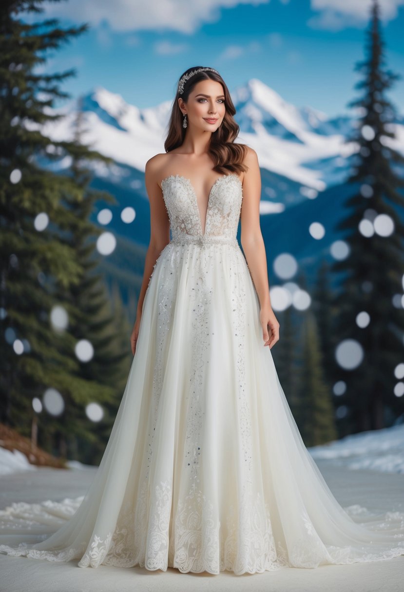 A flowing, white gown adorned with delicate lace and shimmering crystals, set against a backdrop of a magical forest with snow-capped mountains in the distance