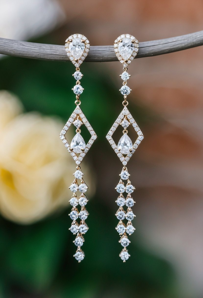 Two geometric diamond cascades dangle from elegant wedding earrings