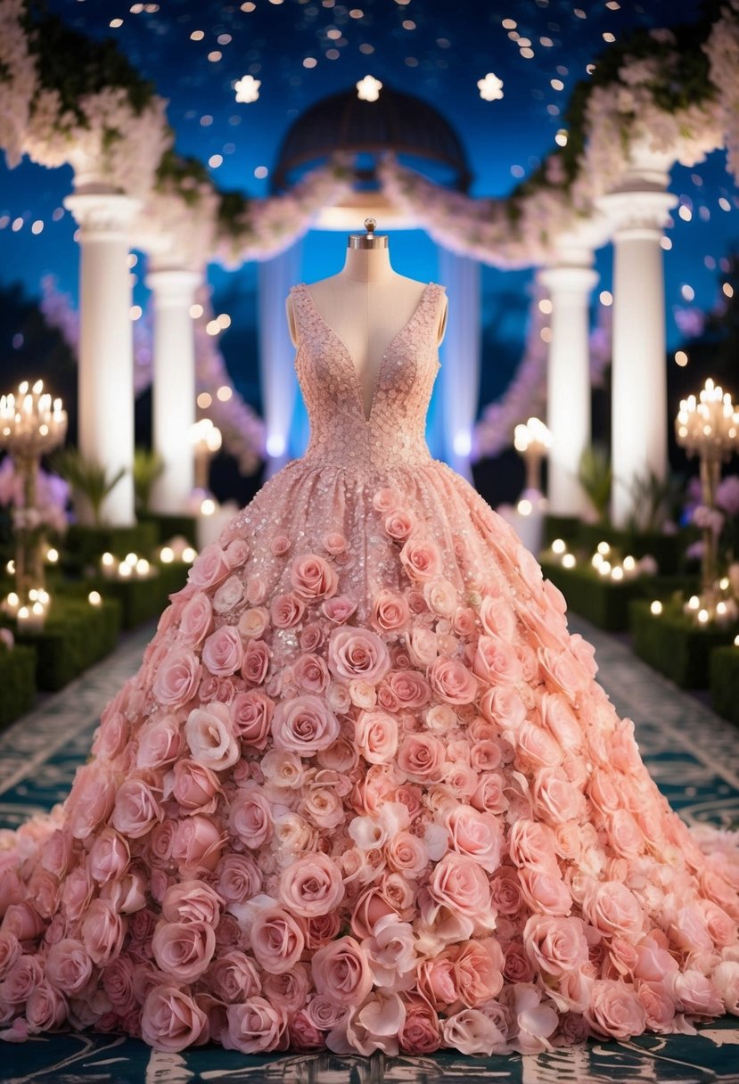 A grand ballroom with a cascading rose gown, adorned with delicate petals and shimmering embellishments, set against a backdrop of enchanted gardens and twinkling stars