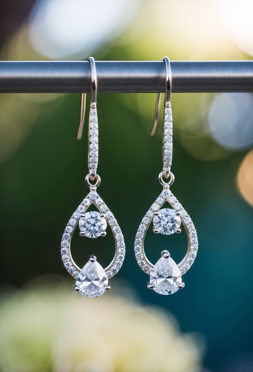 A pair of diamond drop earrings suspended from an eternal circle, catching the light in a wedding setting