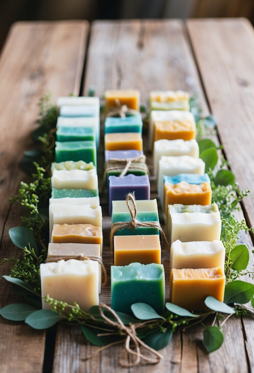 A rustic wooden table displays a variety of colorful artisan soap bars, arranged neatly with greenery and twine, ready to be given as wedding favors