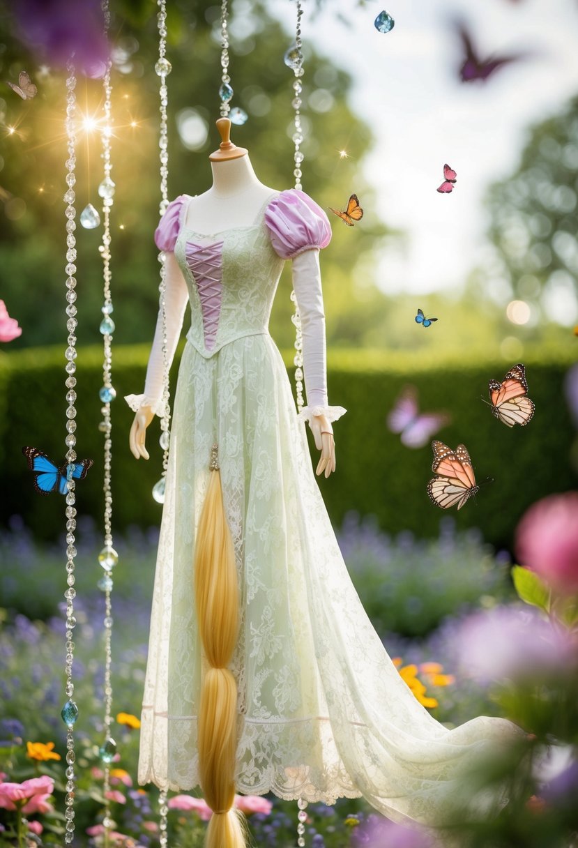 Rapunzel's lace dress floats in a garden, adorned with sparkling gems and delicate flowers, as magical butterflies flutter around