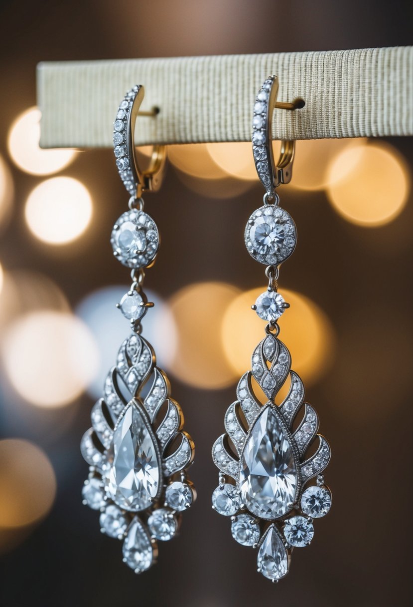 A pair of ornate vintage diamond drop earrings dangle from a display stand, catching the light with their intricate design and sparkling diamonds