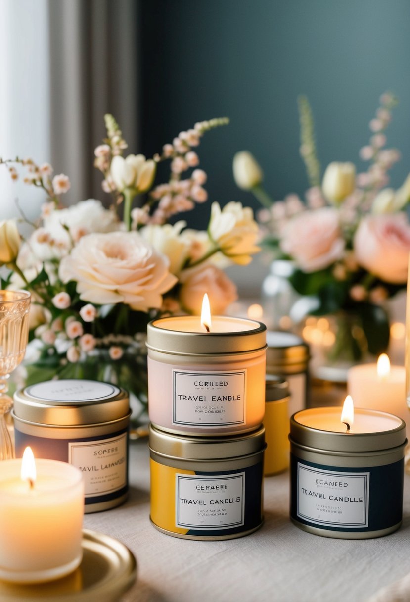 A table adorned with scented travel candles in elegant packaging, surrounded by delicate floral arrangements and soft candlelight