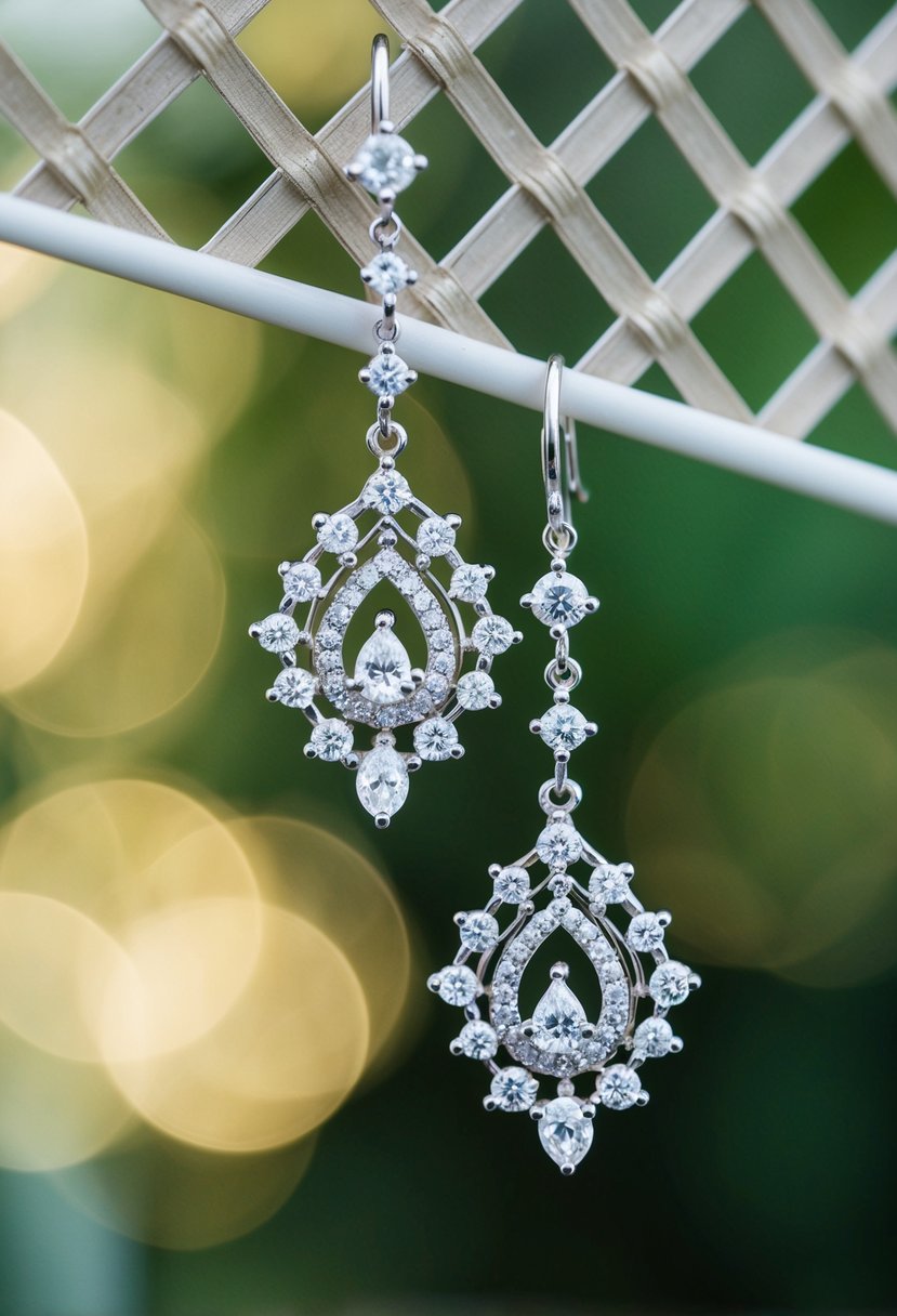 A pair of intricate diamond dangle earrings hang from a delicate lattice, catching the light and sparkling with elegance