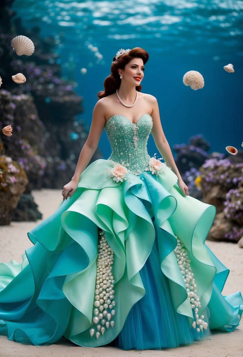 Ariel's wedding gown features flowing layers of seafoam green and ocean blue, adorned with shimmering pearls and delicate seashells, evoking the beauty of the underwater world