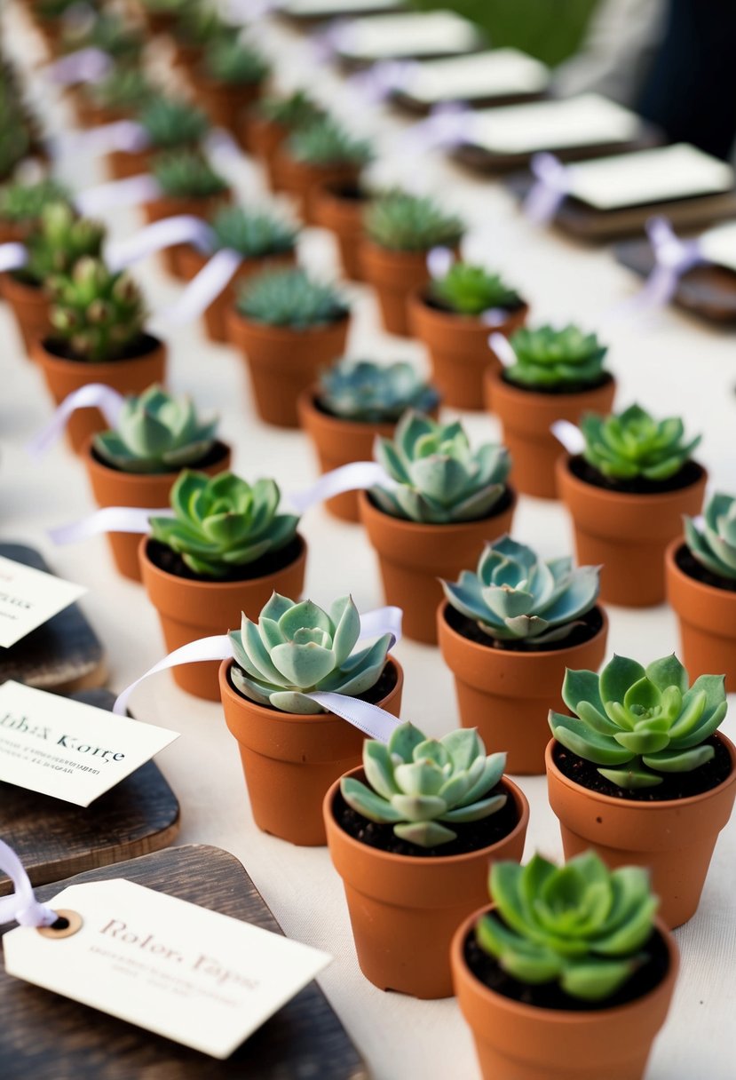 A table lined with mini succulent pots, adorned with ribbons and tags, ready to be given as wedding favors