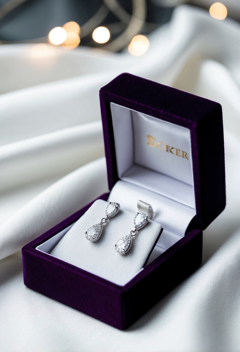 A velvet jewelry box open, revealing sparkling double-drop diamond earrings on a soft white fabric background