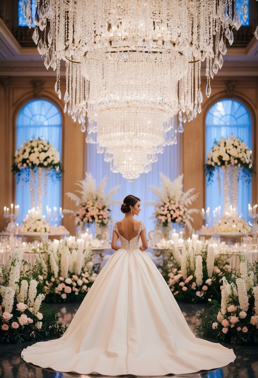 A grand ballroom with cascading crystal chandeliers, opulent floral arrangements, and a breathtaking display of Belle's Timeless Beauty Dress as the centerpiece