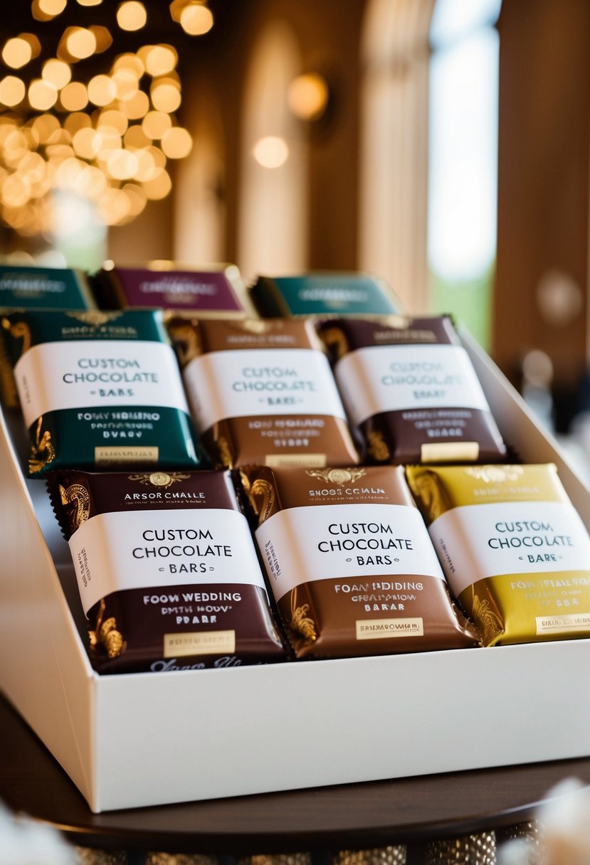 A display of assorted custom chocolate bars in elegant packaging for wedding favors