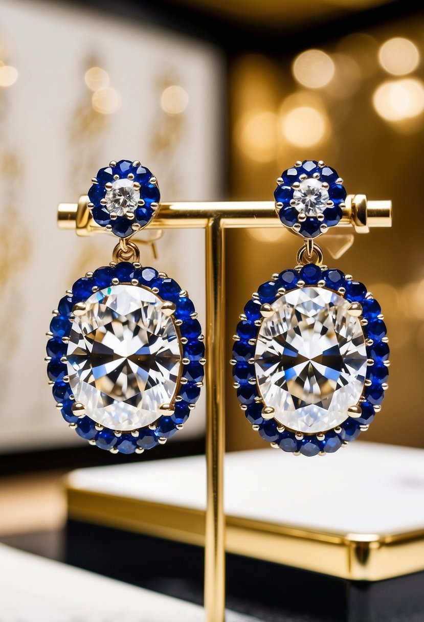 Two sapphire-accented diamond earrings dangling from a display stand, catching the light in a luxurious jewelry store