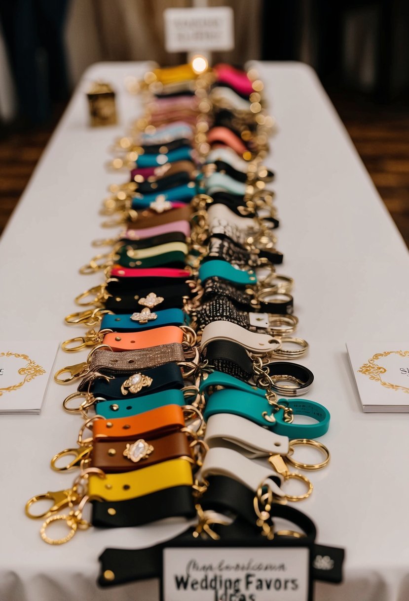 A table adorned with handcrafted keychains in various designs, colors, and materials, arranged neatly with a sign indicating them as wedding favor ideas