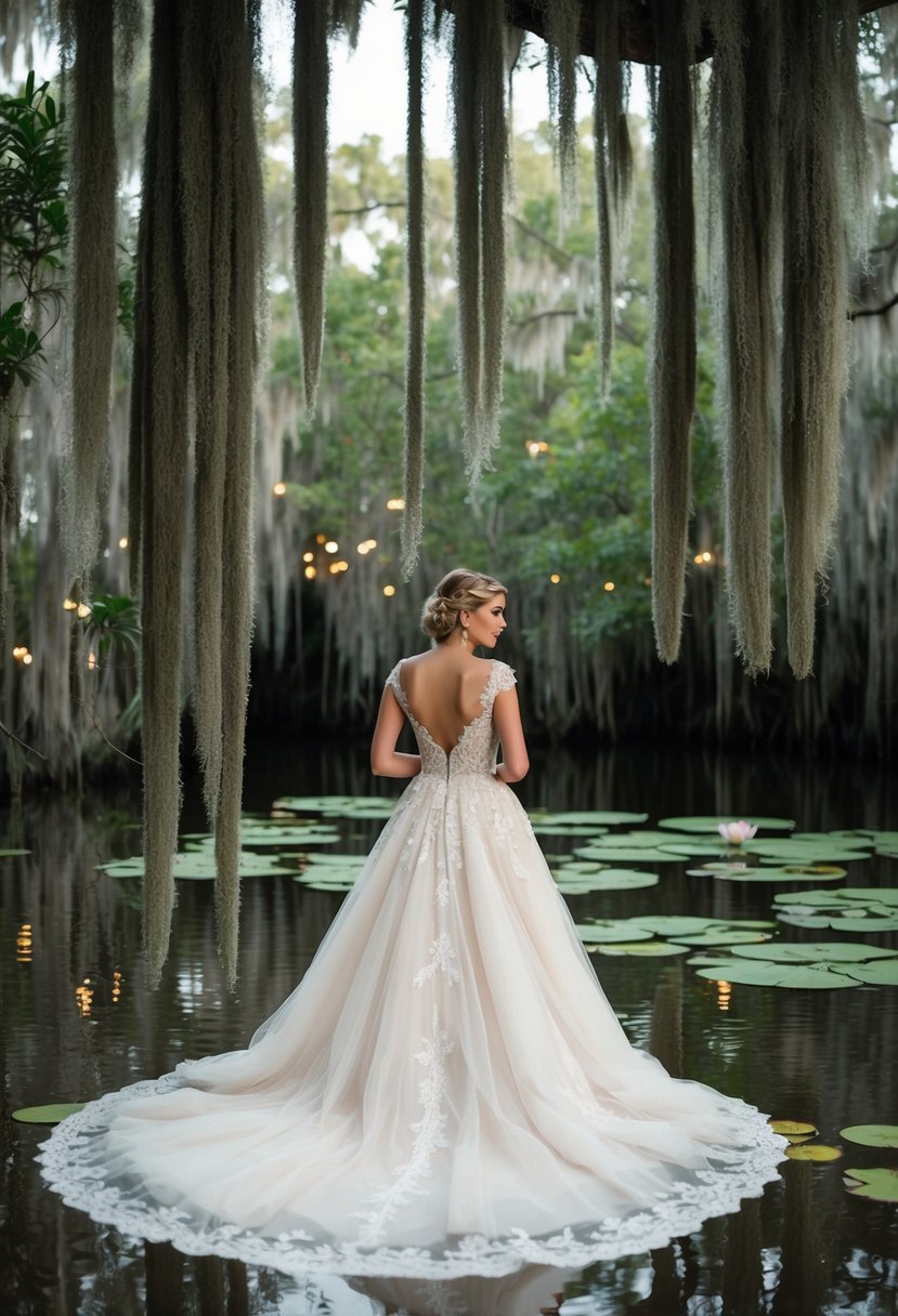 A lush, mossy bayou setting with hanging Spanish moss, fireflies, and water lilies, featuring a flowing, ethereal wedding gown adorned with delicate lace and floral details