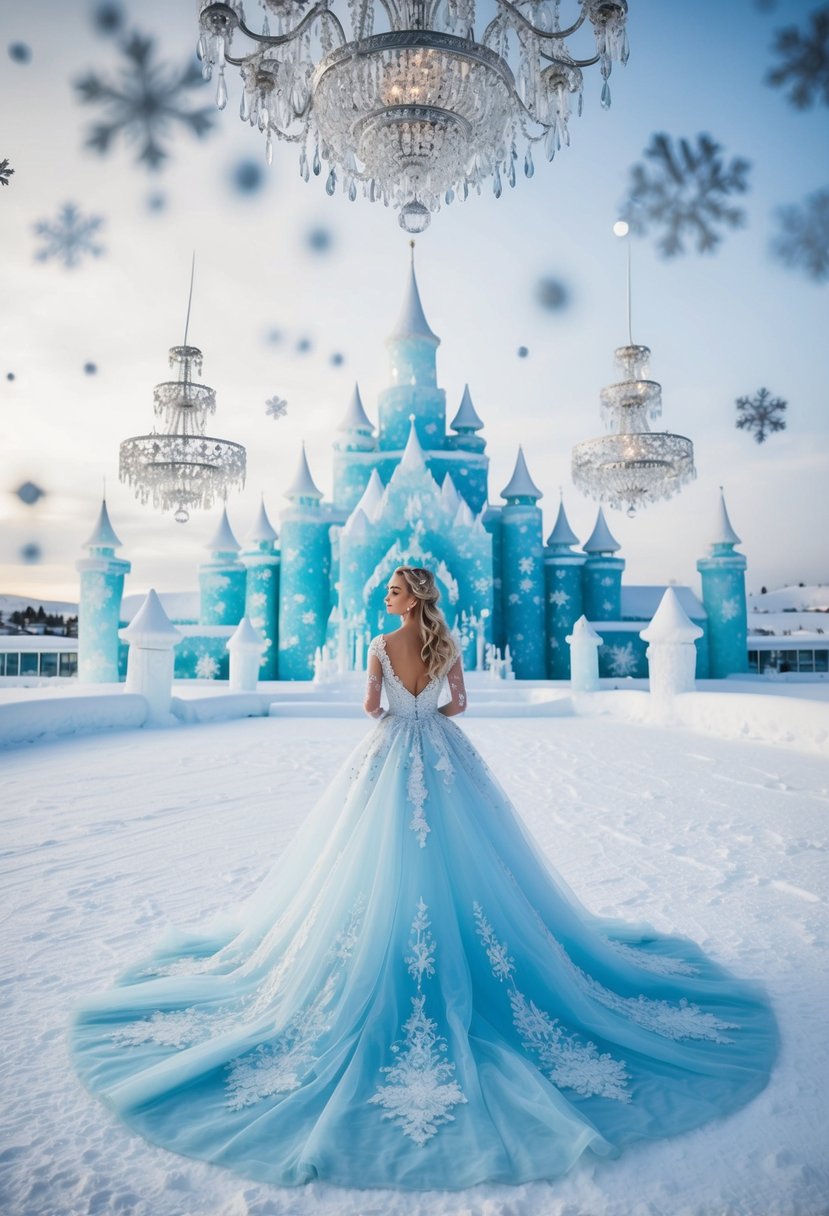 A grand ice palace with crystal chandeliers, sparkling snowflakes, and a flowing, ethereal wedding gown in shades of icy blue and silver