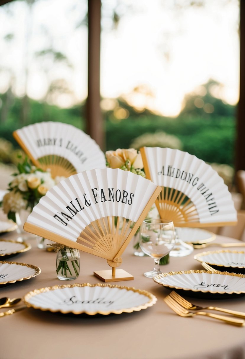 A table adorned with personalized hand fans, arranged as wedding favors