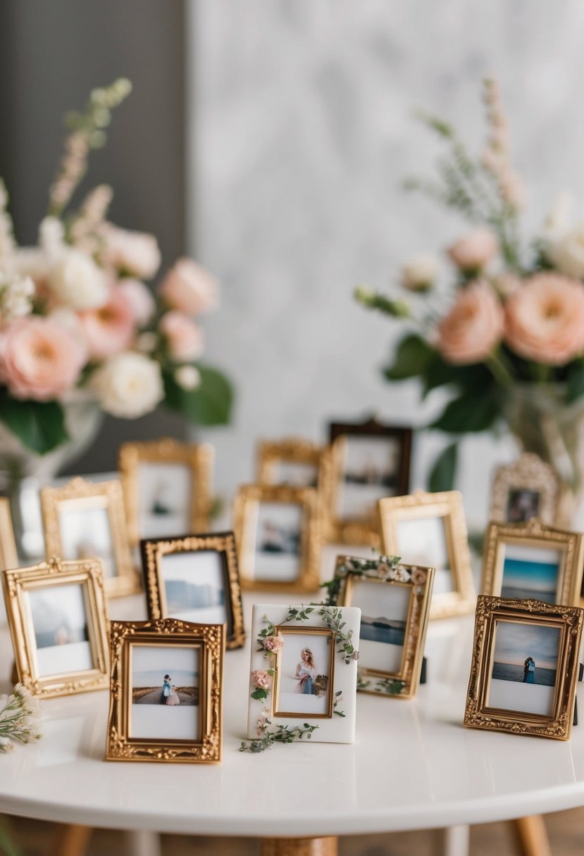 A collection of miniature photo frames arranged on a table with delicate floral decorations